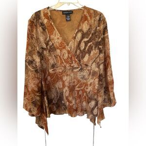 Brown Whimsical Y2K Babydoll V-Neck flutter Handkerchief Sleeve Hem lined blouse
